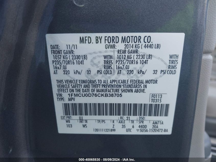 2012 Ford Escape Xlt VIN: 1FMCU0D76CKB38705 Lot: 40065830