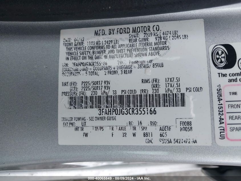 2012 Ford Fusion Sel VIN: 3FAHP0JG3CR355166 Lot: 40065849