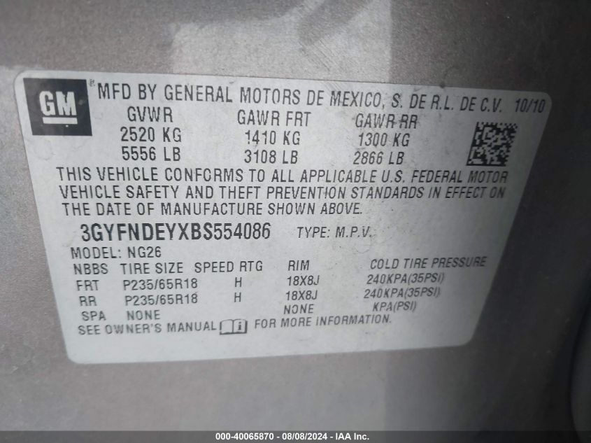 2011 Cadillac Srx Luxury Collection VIN: 3GYFNDEYXBS554086 Lot: 40065870