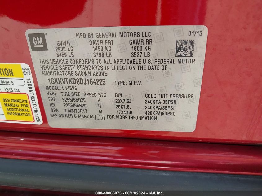 2013 GMC Acadia Denali VIN: 1GKKVTKD8DJ164225 Lot: 40065875