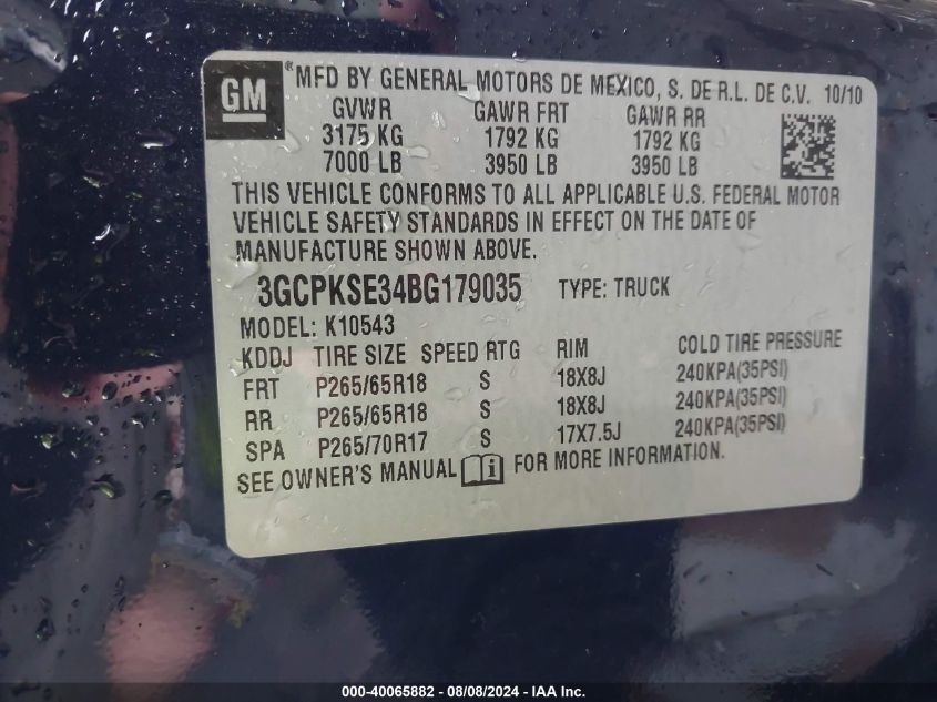 2011 Chevrolet Silverado 1500 Lt VIN: 3GCPKSE34BG179035 Lot: 40065882