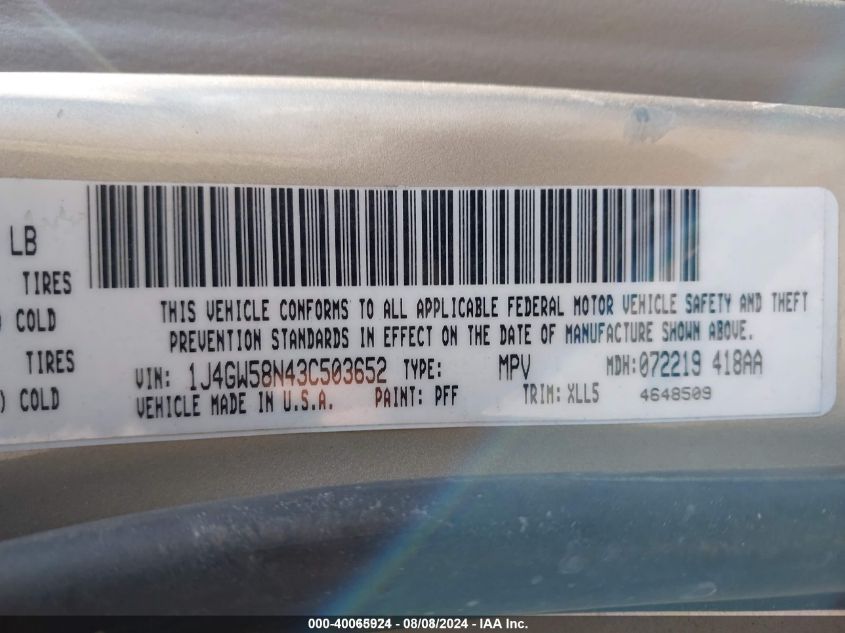 2003 Jeep Grand Cherokee Limited VIN: 1J4GW58N43C503652 Lot: 40065924