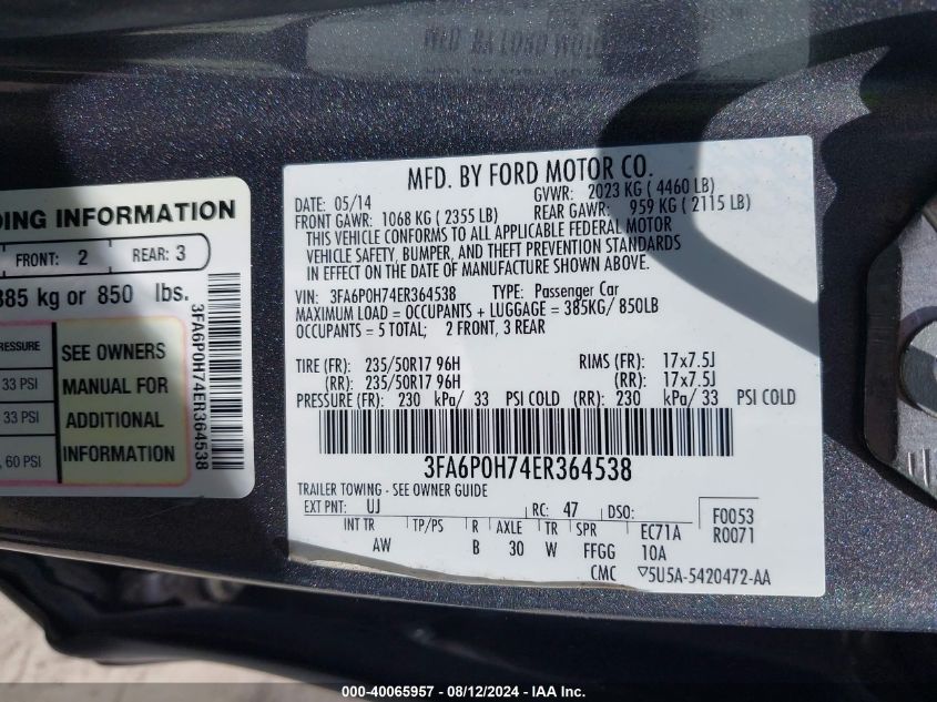 2014 Ford Fusion Se VIN: 3FA6P0H74ER364538 Lot: 40065957