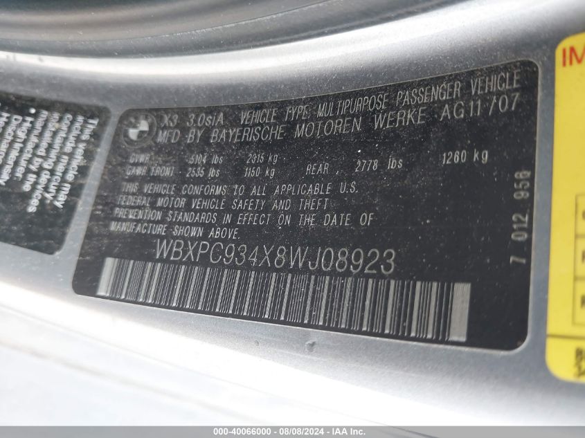 2008 BMW X3 3.0Si VIN: WBXPC934X8WJ08923 Lot: 40066000