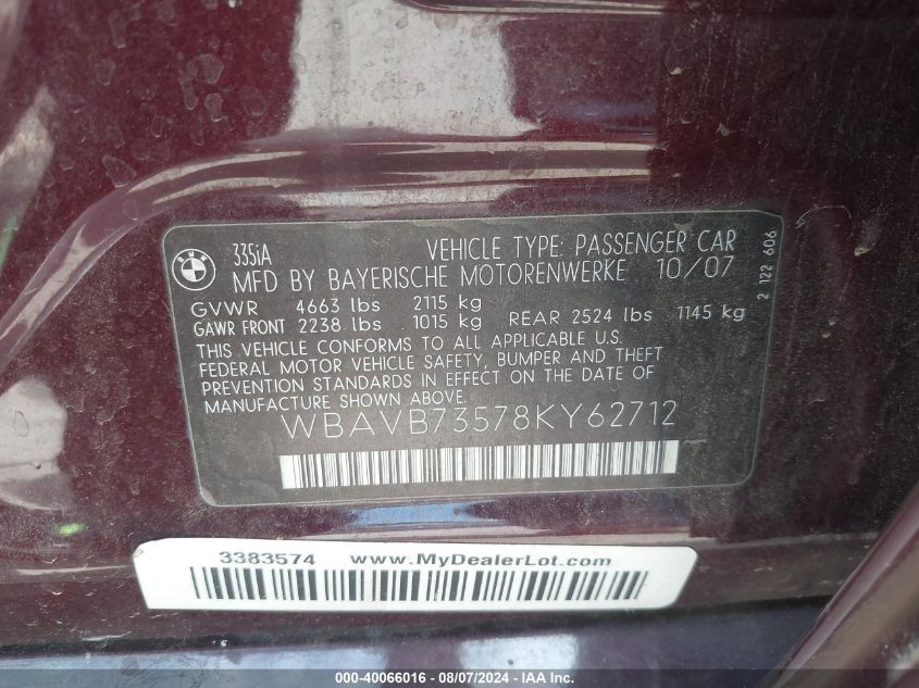 2008 BMW 335I VIN: WBAVB73578KY62712 Lot: 40066016