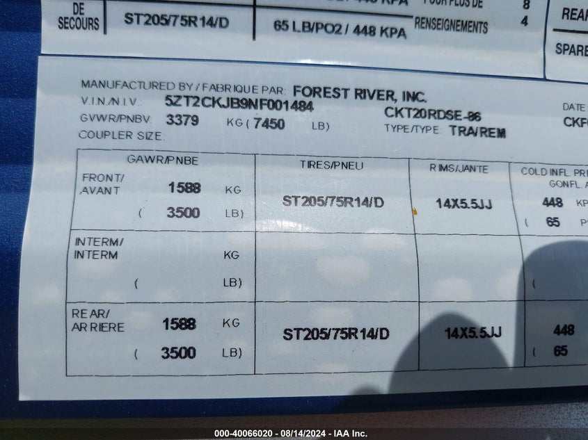 2022 FOREST RIVER GREY WOLF 20 RDSE (VIN: 5ZT2CKJB9NF001484