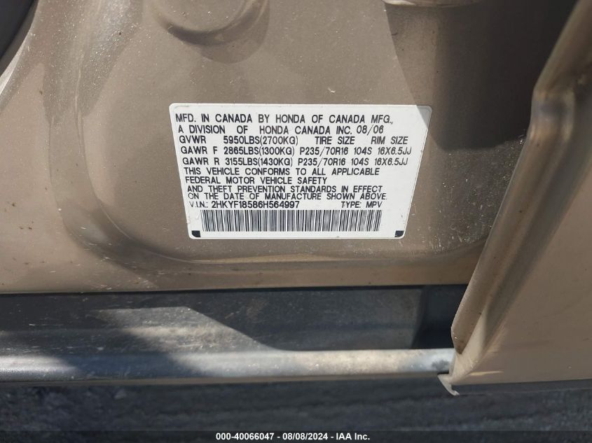 2006 Honda Pilot Ex-L VIN: 2HKYF18586H564997 Lot: 40066047