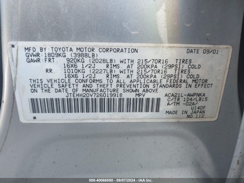 2002 Toyota Rav4 VIN: JTEHH20V726019918 Lot: 40066050