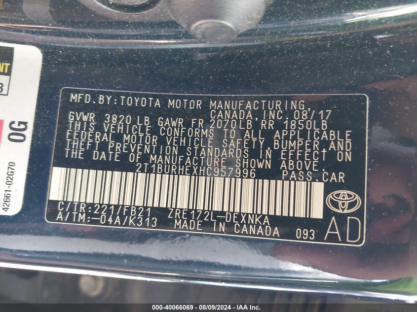 2017 TOYOTA COROLLA L/LE/XLE/SE/XSE - 2T1BURHEXHC957996