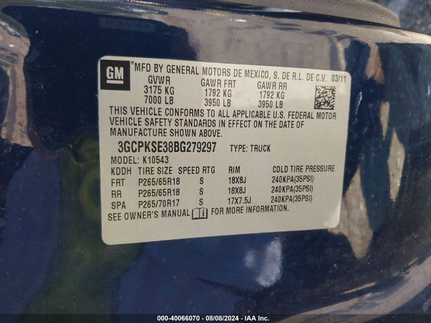 2011 Chevrolet Silverado 1500 K1500 Lt VIN: 3GCPKSE38BG279297 Lot: 40066070