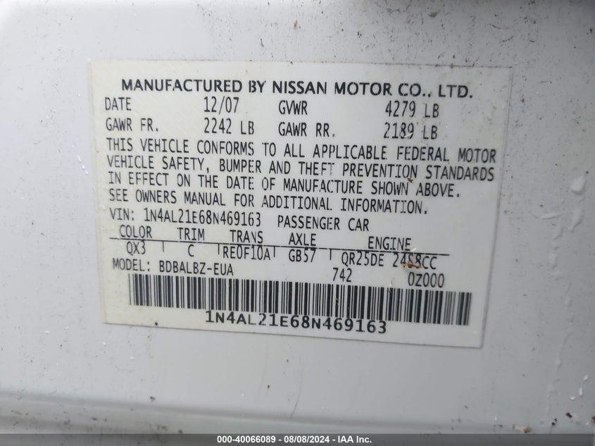 2008 Nissan Altima 2.5 S VIN: 1N4AL21E68N469163 Lot: 40066089