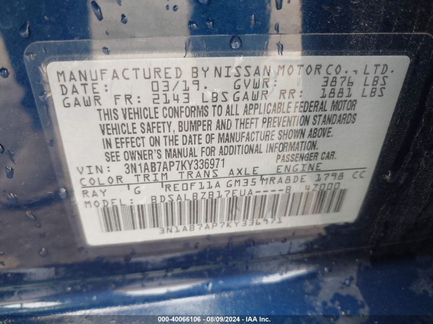 VIN 3N1AB7AP7KY336971 2019 NISSAN SENTRA S
