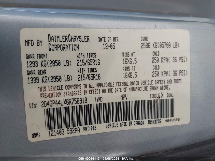 2006 Dodge Grand Caravan Sxt VIN: 2D4GP44LX6R758919 Lot: 40066113