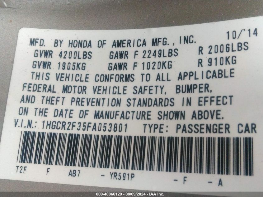 1HGCR2F35FA053801 2015 Honda Accord Lx