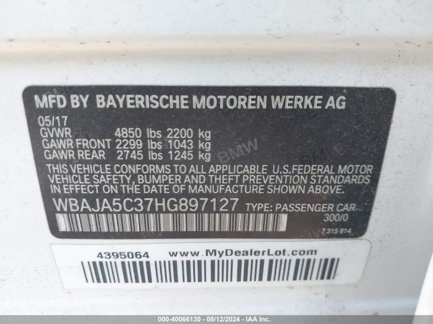 2017 BMW 530I VIN: WBAJA5C37HG897127 Lot: 40066130