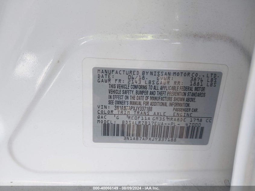 VIN 3N1AB7APXJY337188 2018 NISSAN SENTRA S/SV/SR/SL