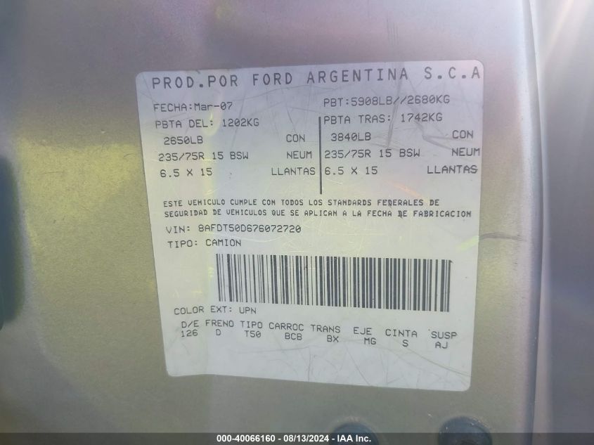 2007 Ford Ranger Xlt VIN: 8AFDT50D676072720 Lot: 40066160