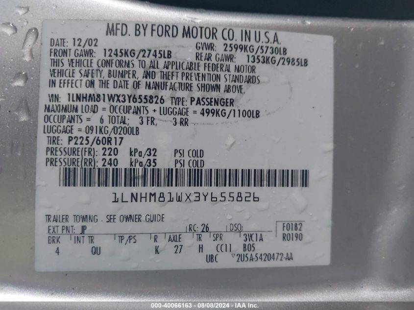 2003 Lincoln Town Car Executive VIN: 1LNHM81WX3Y655826 Lot: 40066163