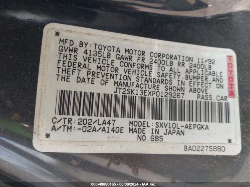 1993 Toyota Camry Xle VIN: JT2SK13EXP0129267 Lot: 40066165
