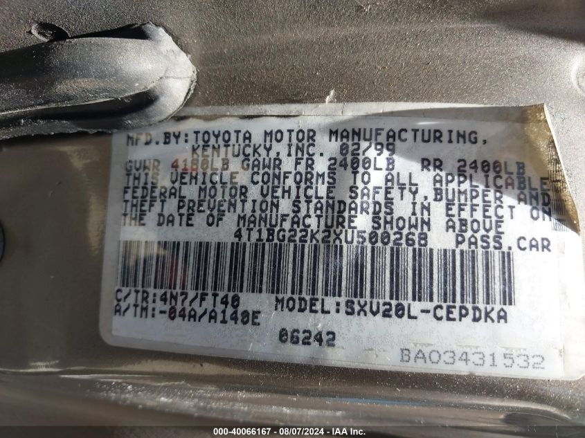 1999 Toyota Camry Ce VIN: 4T1BG22K2XU500268 Lot: 40066167