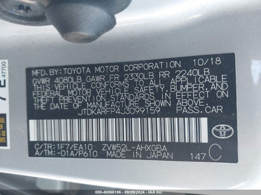 2018 Toyota Prius Prime Premium VIN: JTDKARFP4J3099159 Lot: 40066186