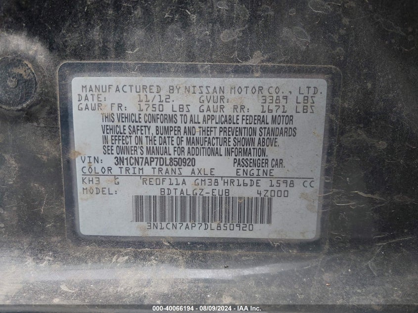 2013 NISSAN VERSA S/S PLUS/SV/SL - 3N1CN7AP7DL850920