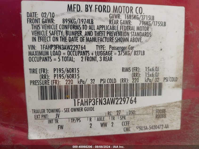 1FAHP3FN3AW229764 2010 Ford Focus Se