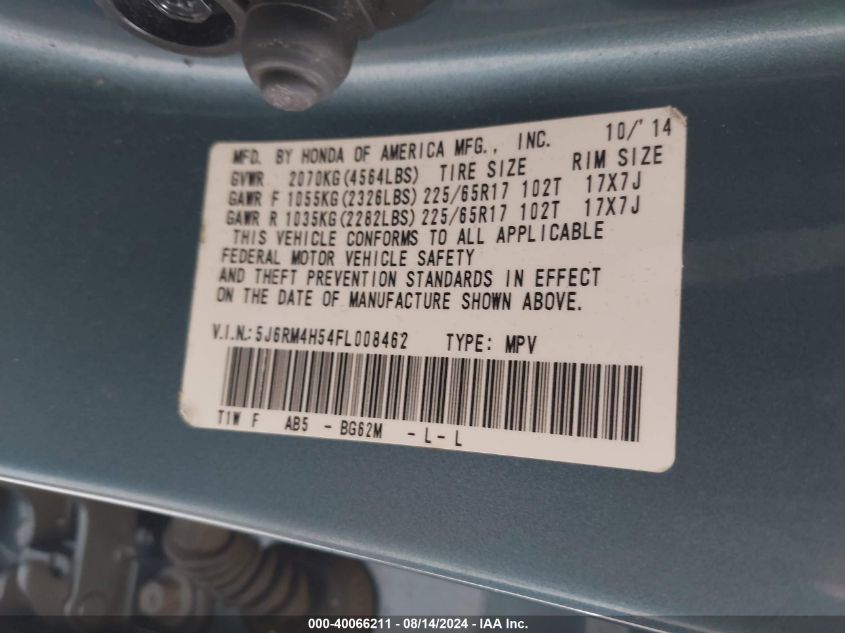 2015 Honda Cr-V Ex VIN: 5J6RM4H54FL008462 Lot: 40066211