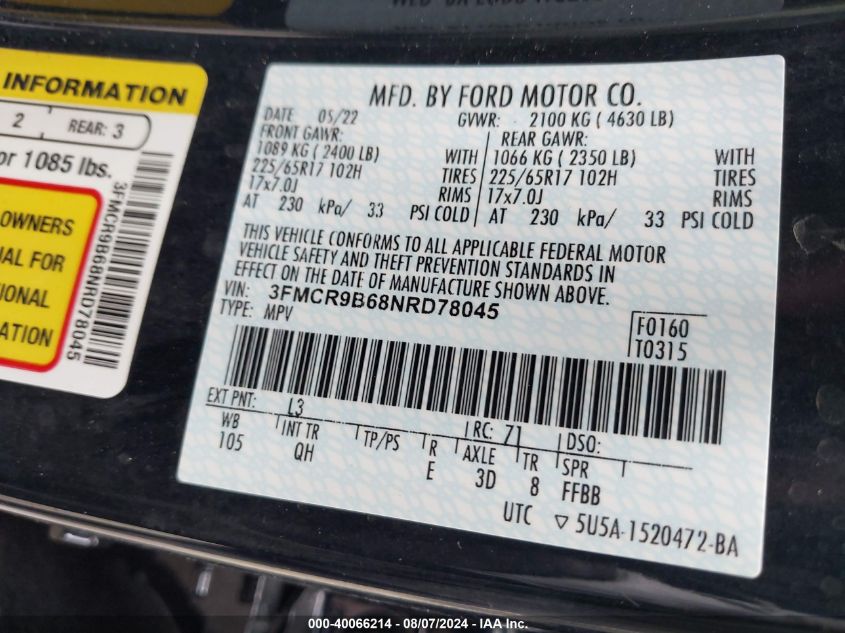 2022 Ford Bronco Sport Big Bend VIN: 3FMCR9B68NRD78045 Lot: 40066214