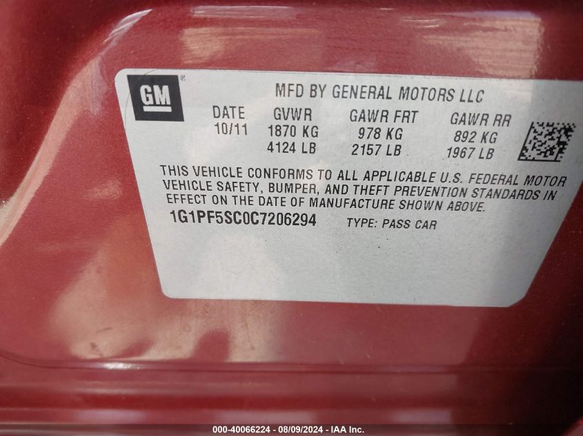 2012 Chevrolet Cruze 1Lt VIN: 1G1PF5SC0C7206294 Lot: 40066224