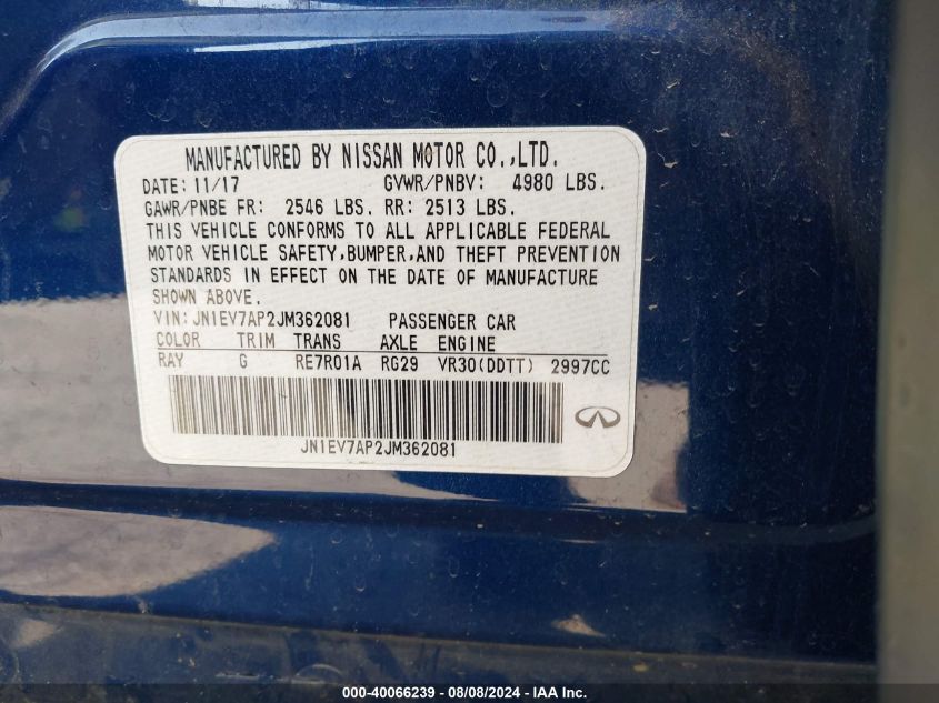 2018 Infiniti Q50 3.0T Sport VIN: JN1EV7AP2JM362081 Lot: 40066239