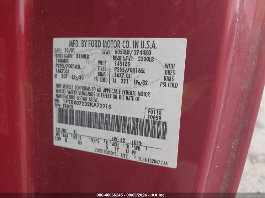2002 Ford F150 VIN: 1FTRX07232KA73915 Lot: 40066245