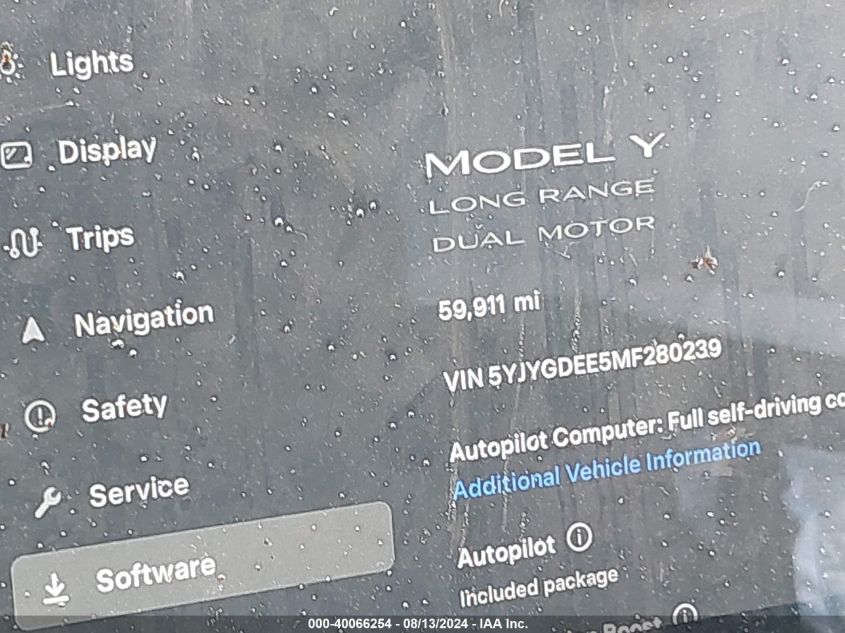 2021 Tesla Model Y VIN: 5YJYGDEE5MF280239 Lot: 40066254