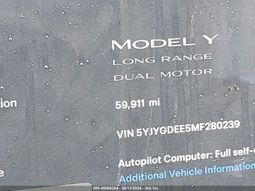 2021 Tesla Model Y VIN: 5YJYGDEE5MF280239 Lot: 40066254