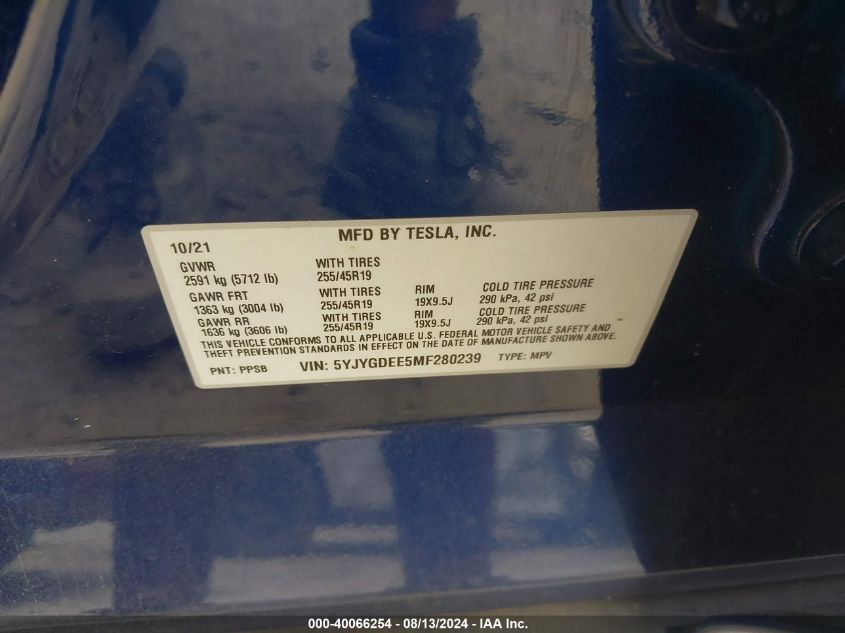 2021 Tesla Model Y VIN: 5YJYGDEE5MF280239 Lot: 40066254