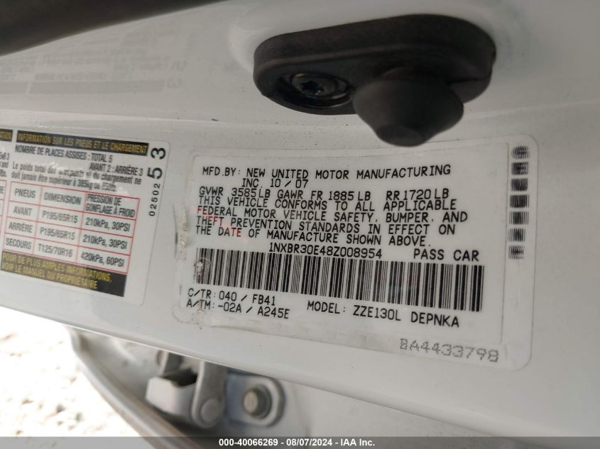 2008 Toyota Corolla Le VIN: 1NXBR30E48Z008954 Lot: 40066269