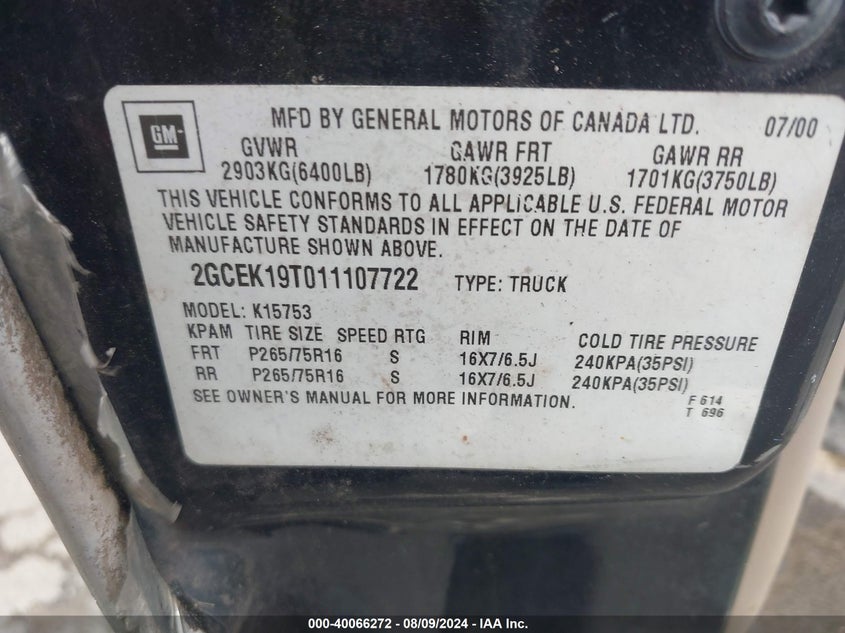 2001 Chevrolet Silverado 1500 Lt VIN: 2GCEK19T011107722 Lot: 40066272