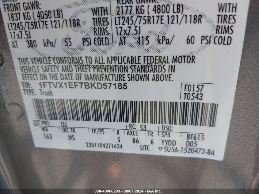 2011 Ford F-150 Xlt VIN: 1FTVX1EF7BKD57185 Lot: 40066293