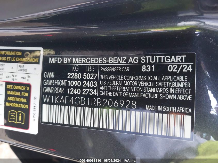 2024 Mercedes-Benz C 300 VIN: W1KAF4GB1RR206928 Lot: 40066310