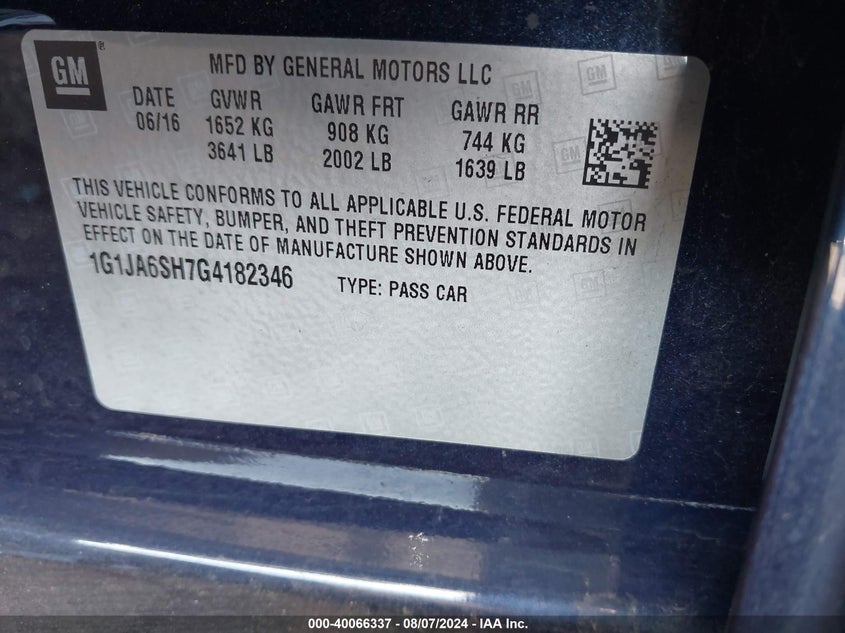 2016 Chevrolet Sonic Ls Auto VIN: 1G1JA6SH7G4182346 Lot: 40066337