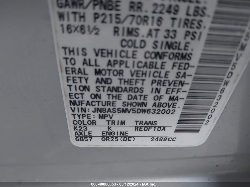 2013 Nissan Rogue S VIN: JN8AS5MV5DW632002 Lot: 40066353