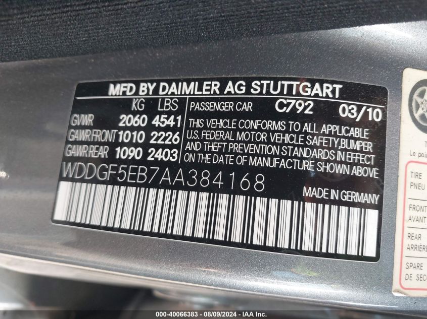 2010 Mercedes-Benz C 300 Luxury/Sport VIN: WDDGF5EB7AA384168 Lot: 40066383