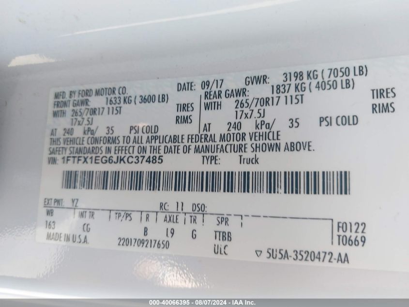 2018 Ford F-150 Xl VIN: 1FTFX1EG6JKC37485 Lot: 40066395