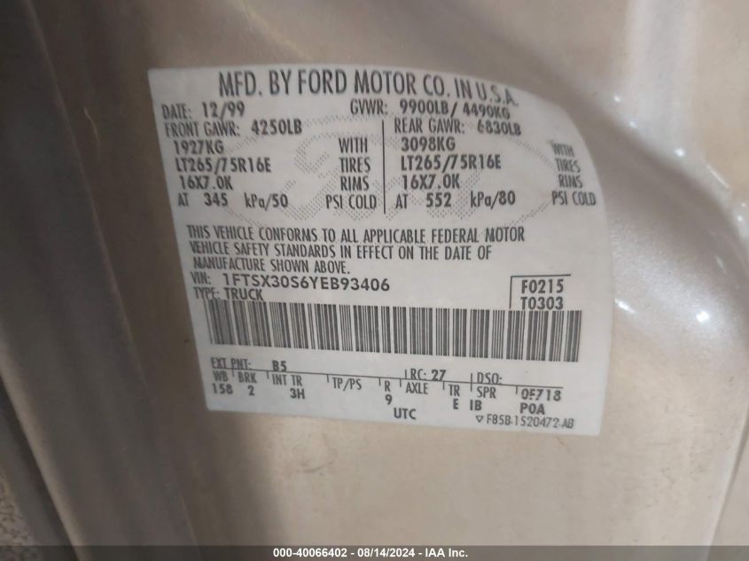 2000 Ford F-350 Lariat/Xl/Xlt VIN: 1FTSX30S6YEB93406 Lot: 40066402