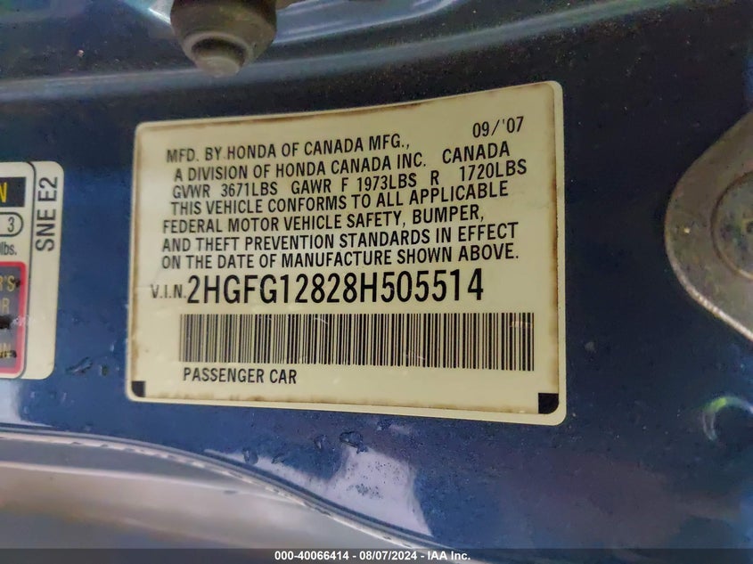 2008 Honda Civic Ex VIN: 2HGFG12828H505514 Lot: 40066414