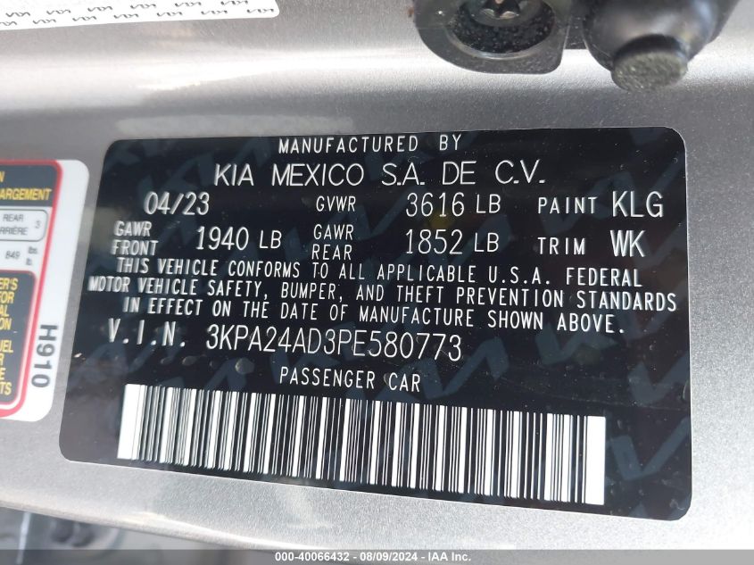 2023 Kia Rio S VIN: 3KPA24AD3PE580773 Lot: 40066432