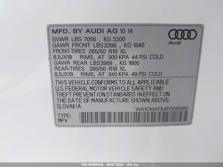 2015 Audi Q7 3.0 Tdi Premium VIN: WA1CMAFE4FD010360 Lot: 40066436