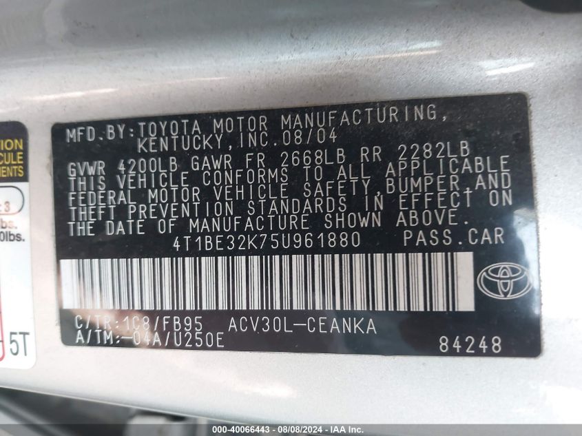 2005 Toyota Camry Std VIN: 4T1BE32K75U961880 Lot: 40066443