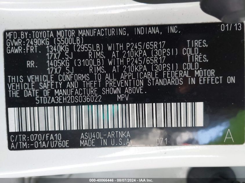 2013 Toyota Highlander Base Plus VIN: 5TDZA3EH2DS036022 Lot: 40066446