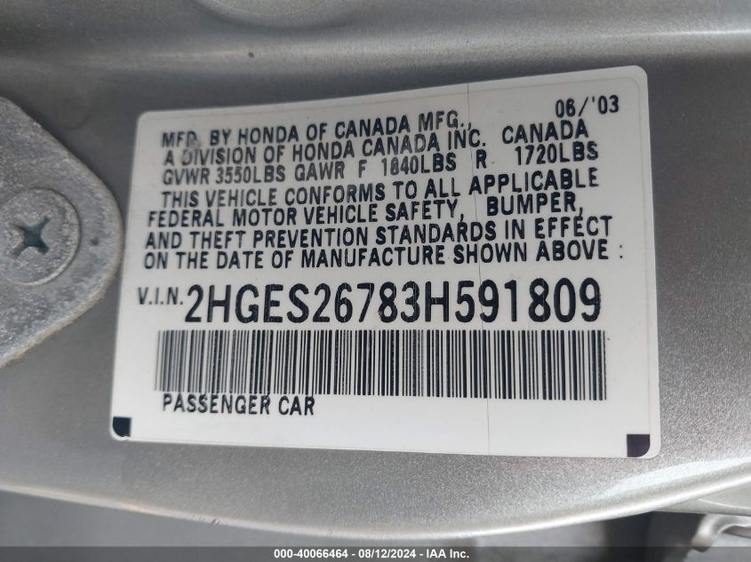 2003 Honda Civic VIN: 2HGEF26783H591809 Lot: 40066464